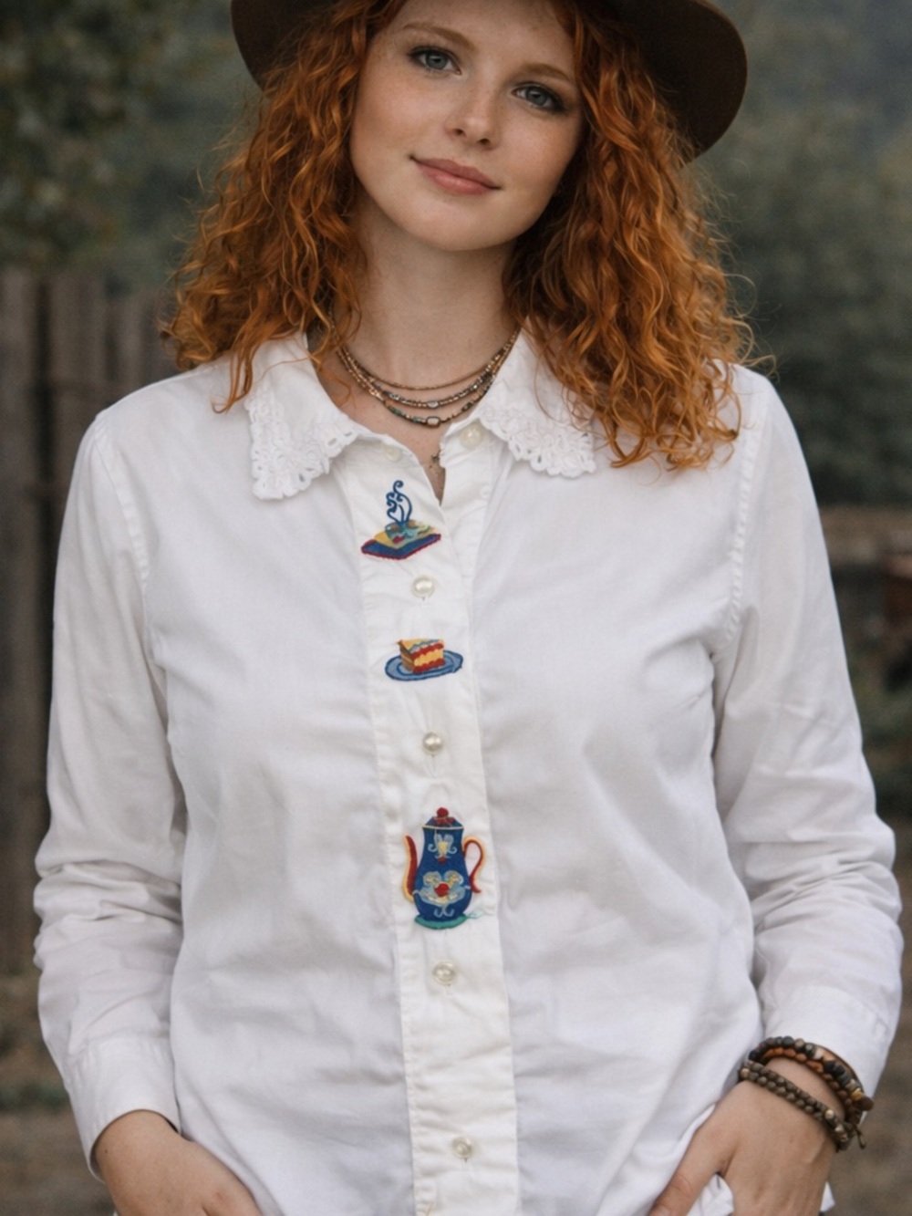 Cabin Creek White Button-Up Shirt, tea party embroidered detail, lace collar